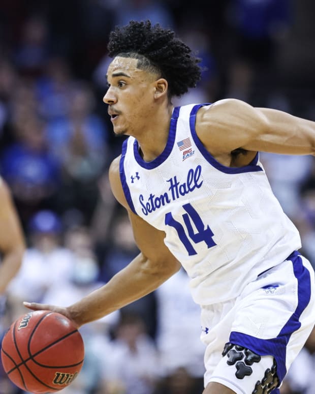Mar 2, 2022; Newark, New Jersey, USA; Seton Hall Pirates guard Jared Rhoden (14) dribbles up court against the Georgetown Hoyas during the second half at Prudential Center. Mandatory Credit: Vincent Carchietta-USA TODAY Sports
